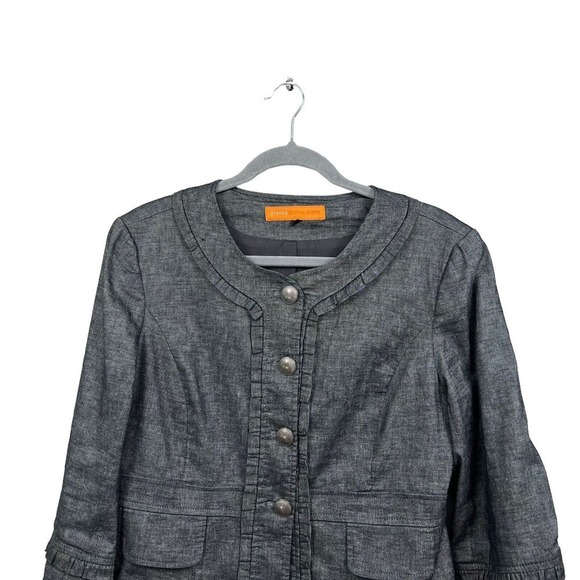 Cynthia Steffe Blazer Jacket Ruffled Trim 3/4 Sleeve 4 Button Gray Women Sz 10 - Picture 2 of 6